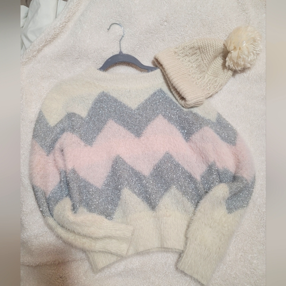 Cute Wool Chevron Pink and Silver Sweater and Betsey Johnson Hat